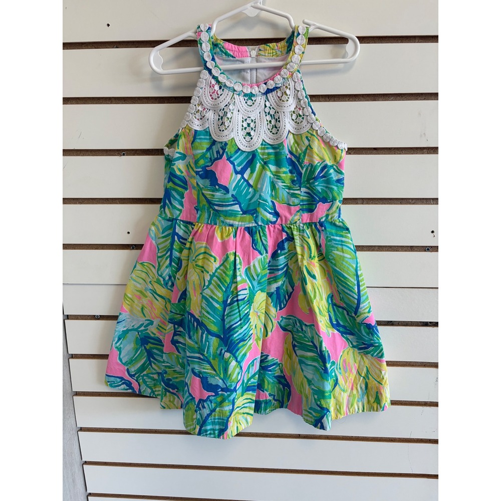 Lilly‎ Pulitzer little kinley pink Green Tropical Palm Lace Halter Dress Size 6